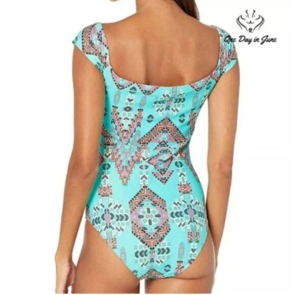 Mae Anne Off Shoulder Women's One-Piece Bathing Suit Aztec Blue Size Large - Picture 2 of 5